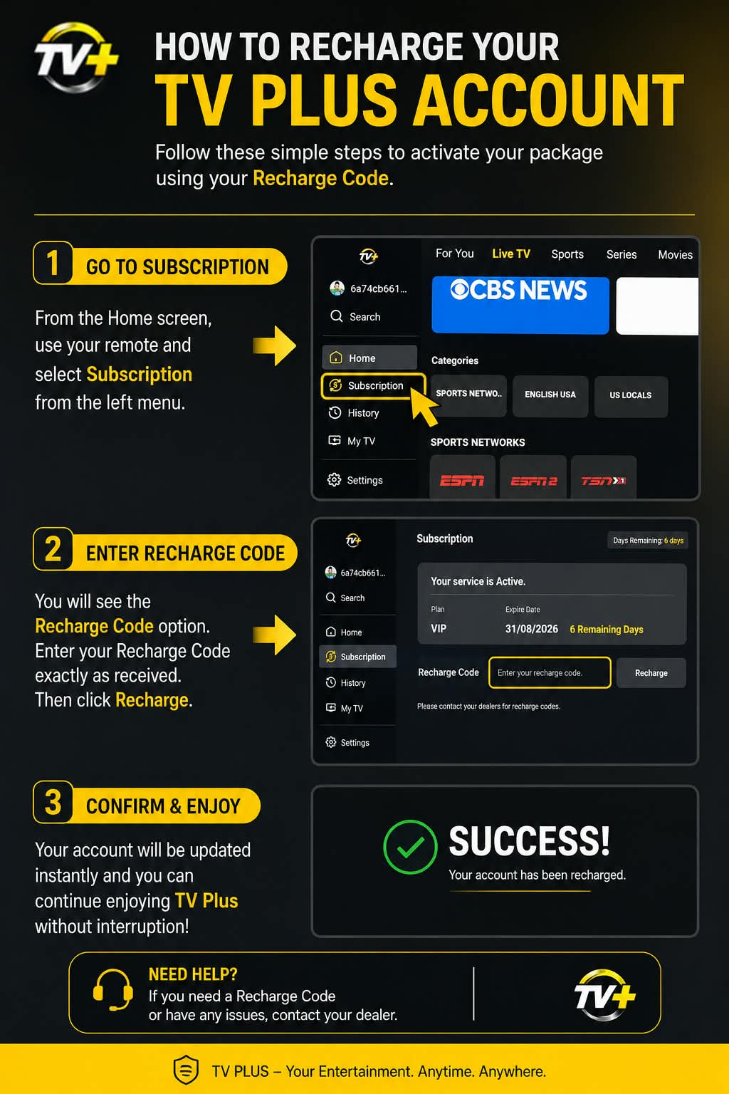 Step by step guide showing how to recharge a TV Plus account inside the app